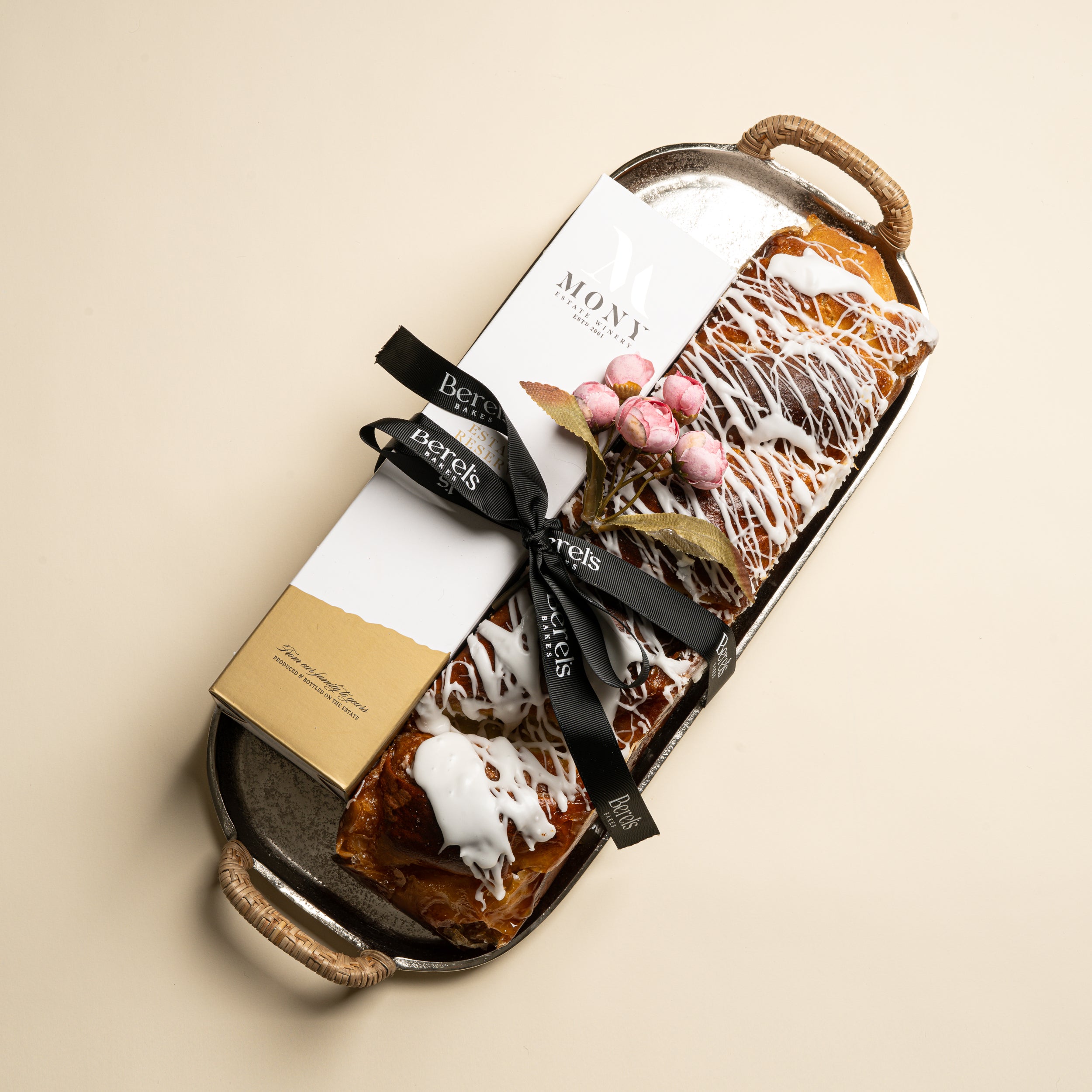 Zodax Long Silver Tray With Long Vanilla Babka and Wine