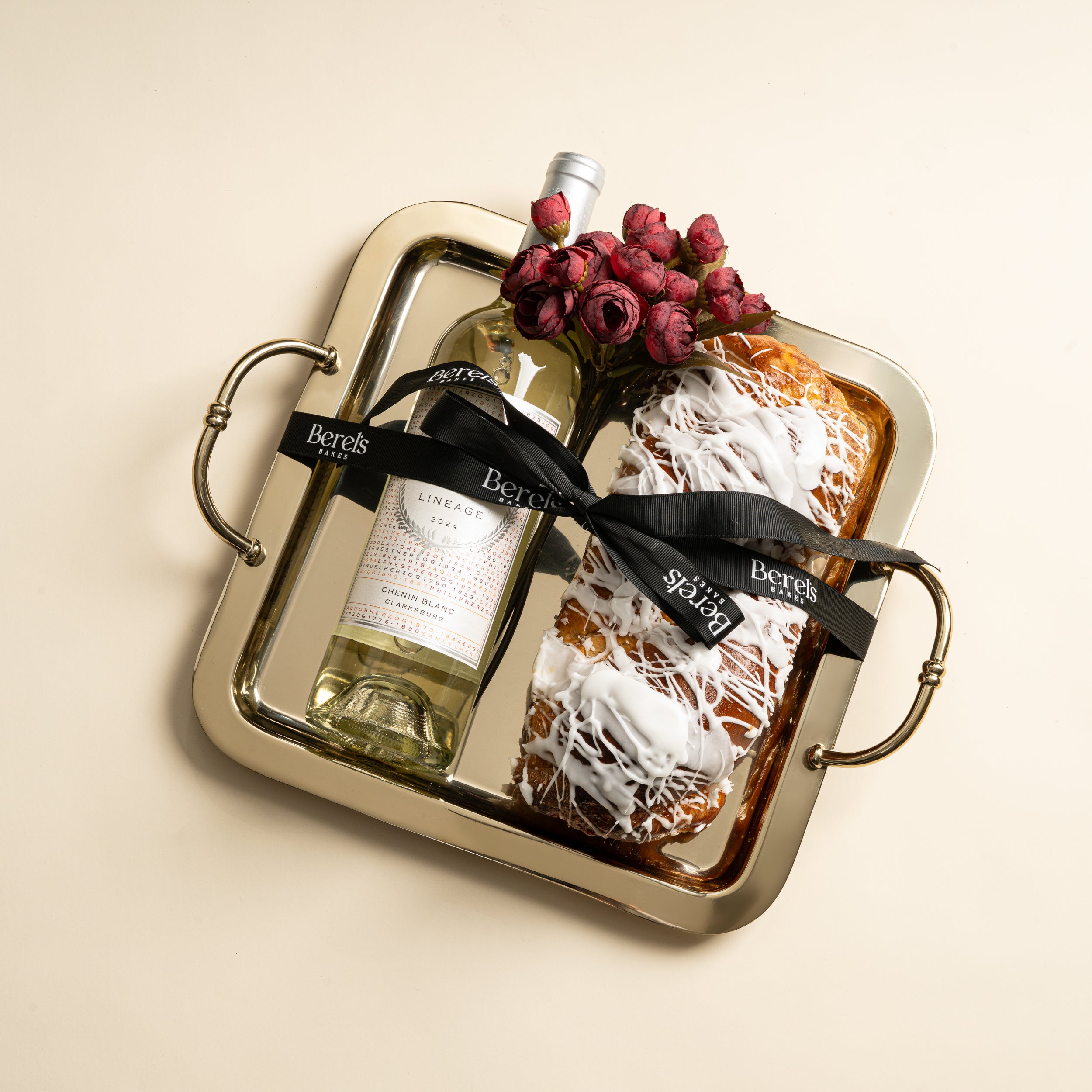 Zodax Gold Tray with Detailed Handles With Babka and Wine