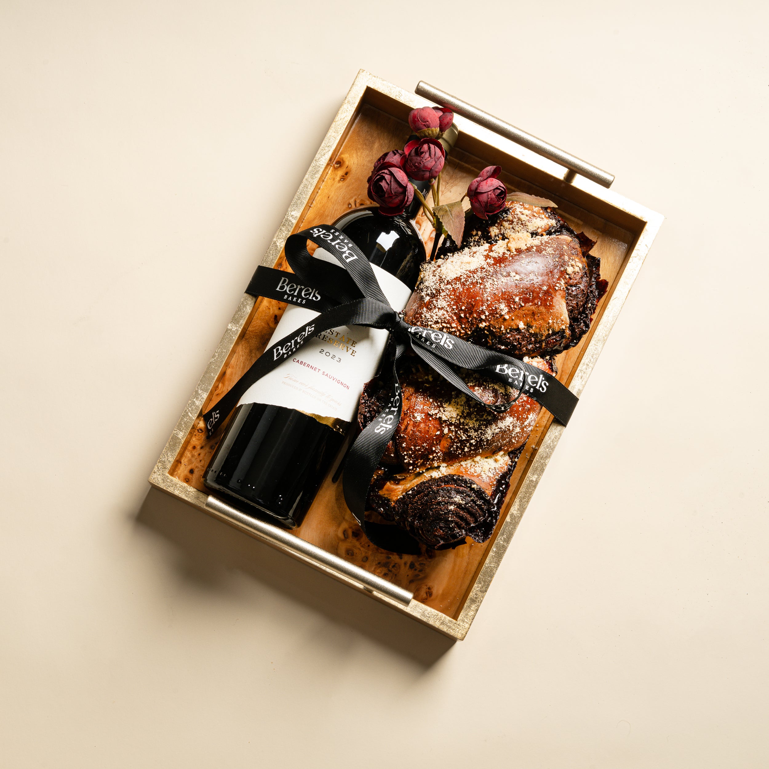 Zodax Wood Tray with Babka and Wine