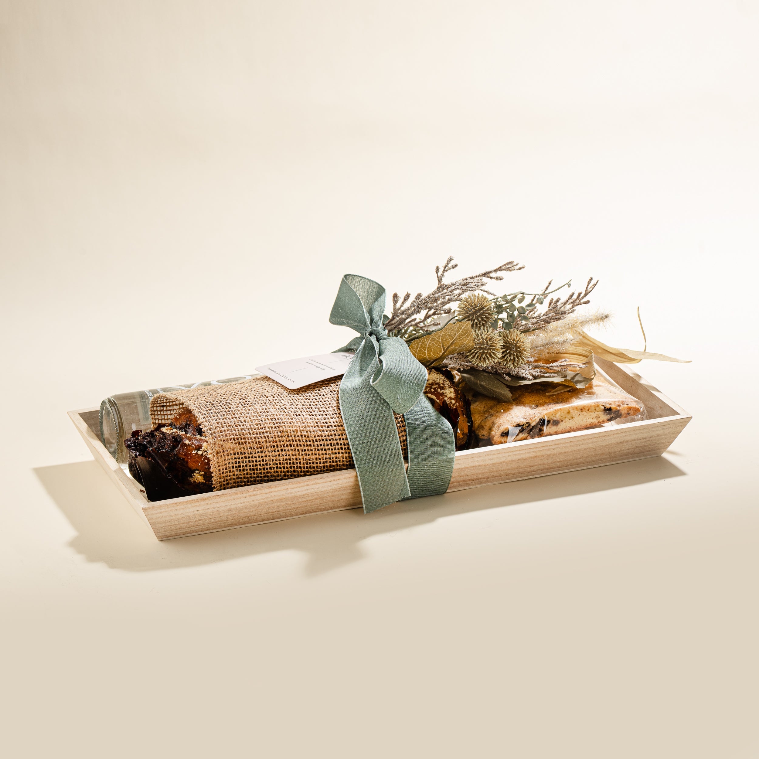 Rustic Wooden Cake Tray with Babka, Biscottis and Voss Water