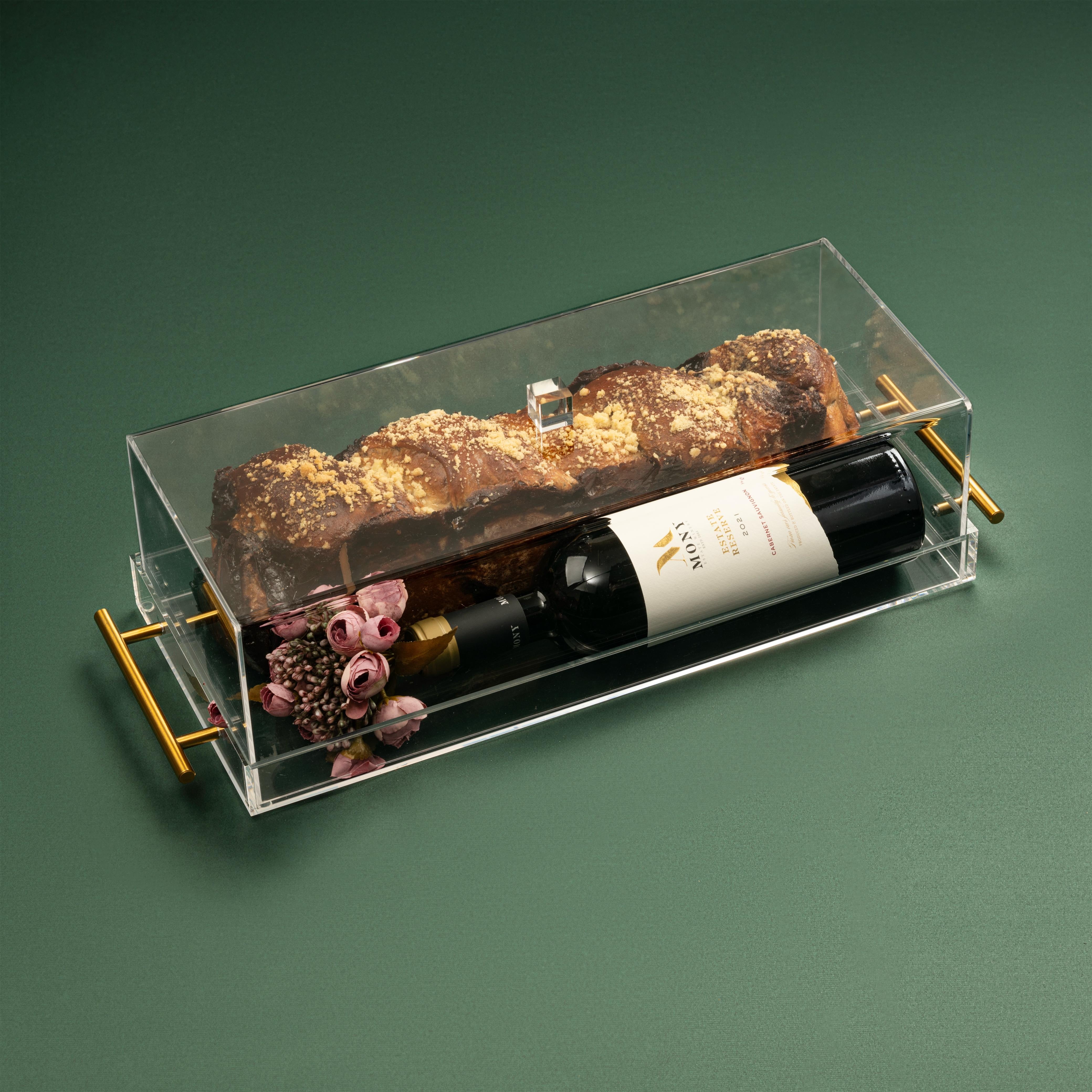 The Modern Elegance: Long Acrylic Dome with Babka & Wine Gift (with cover)