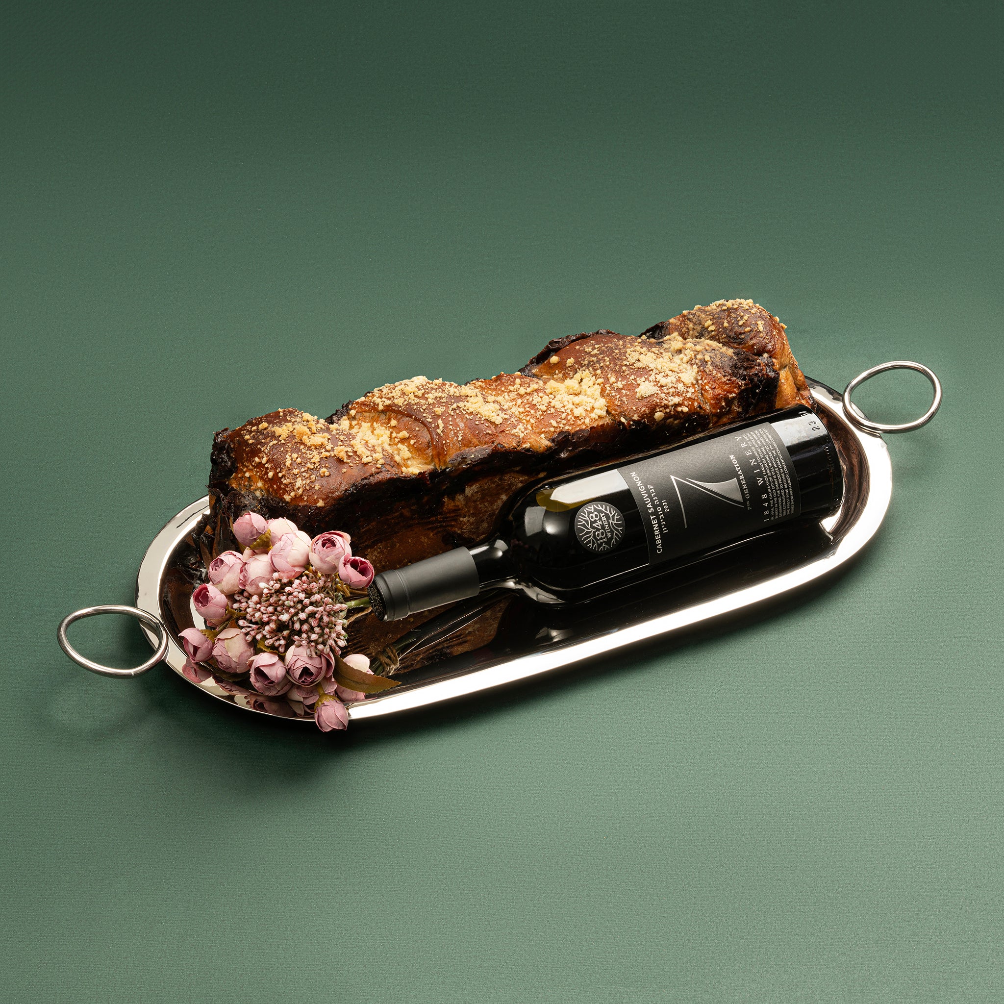 Silver Ring Tray with Long Chocolate Babka and Fine Wine
