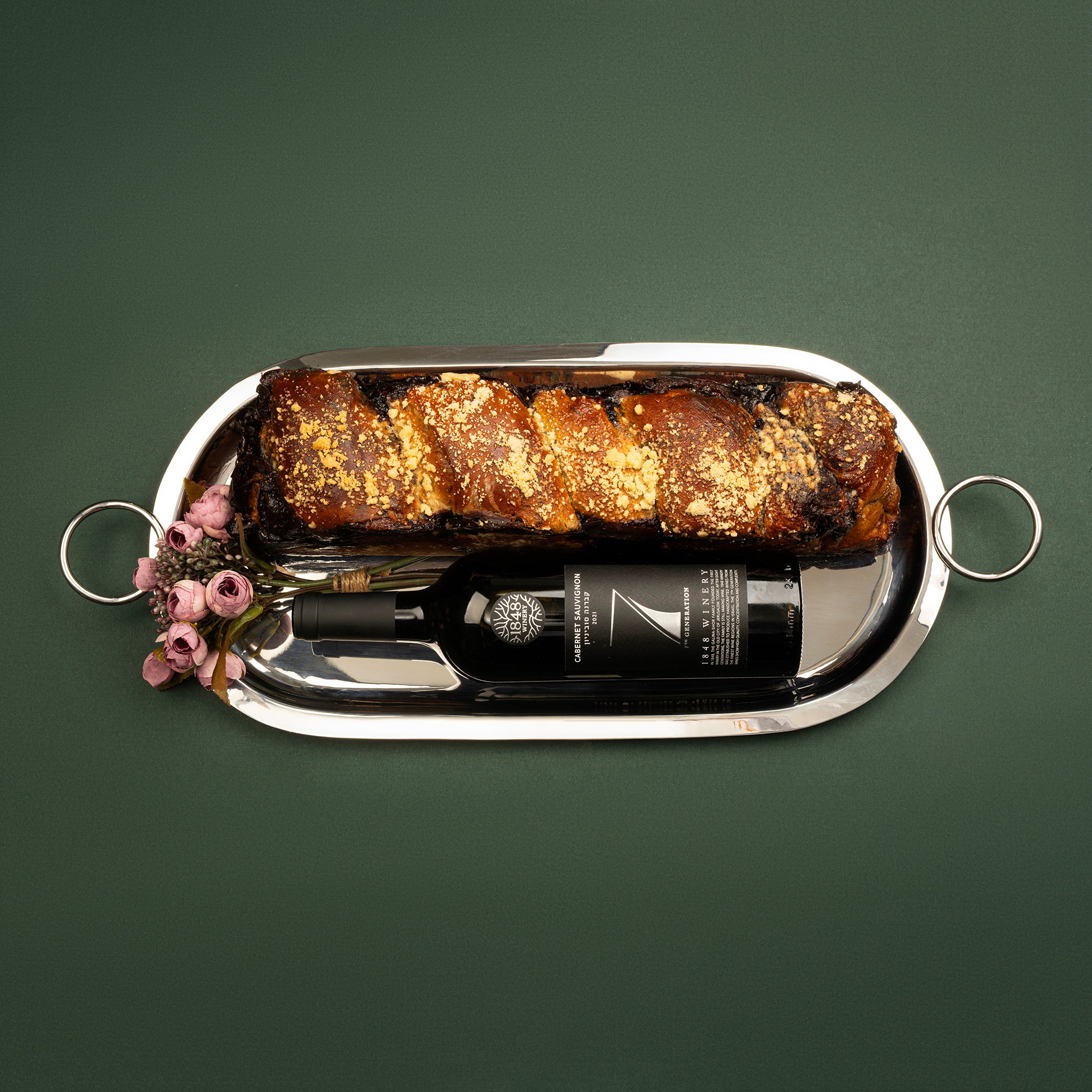 Silver Ring Tray with Long Chocolate Babka and Fine Wine