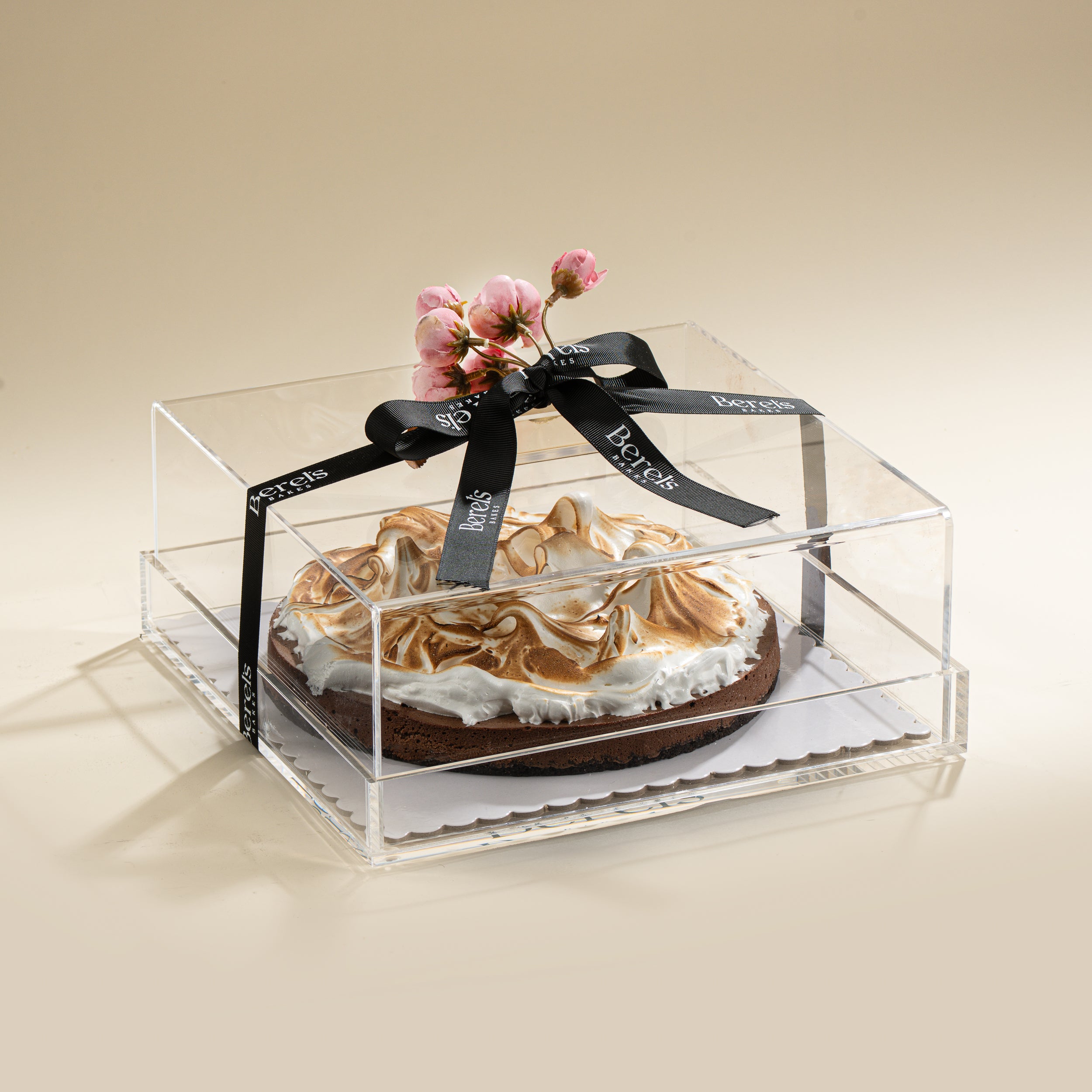 Sqaure Acrylic Dome with Chocolate Bourbon Meringue Pie
