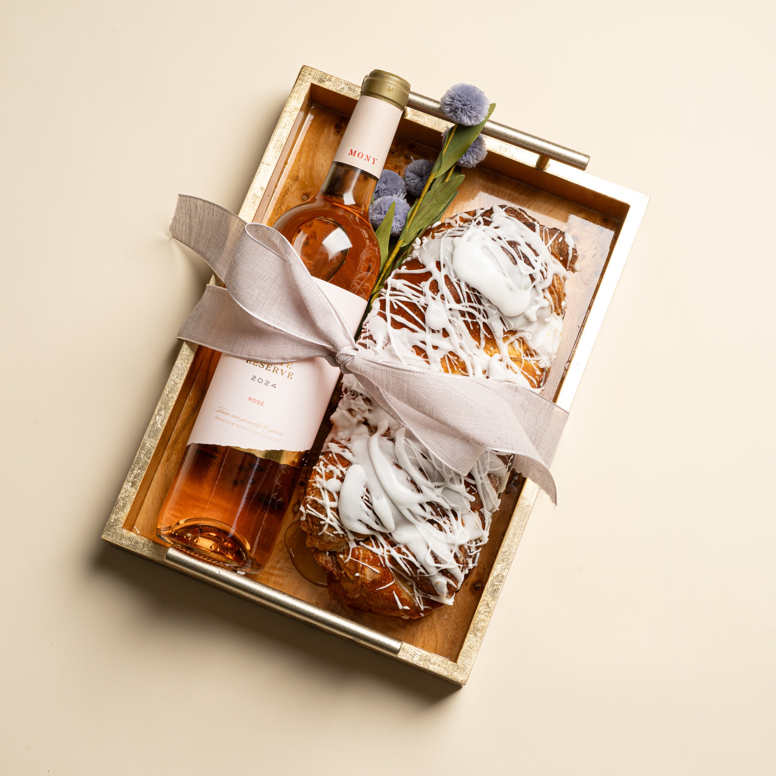 Zodax Wood Tray with Babka and Wine