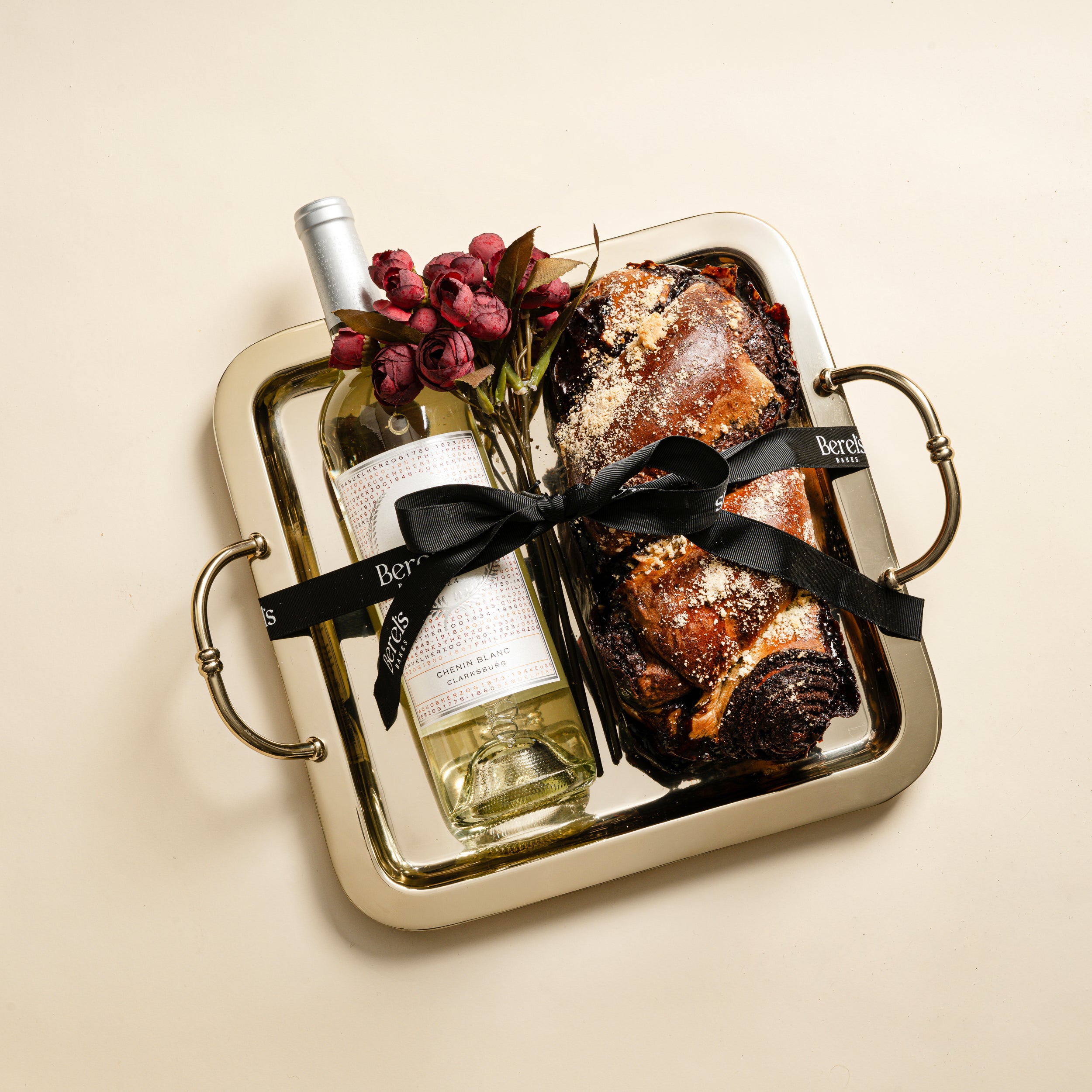 Zodax Gold Tray with Detailed Handles With Babka and Wine