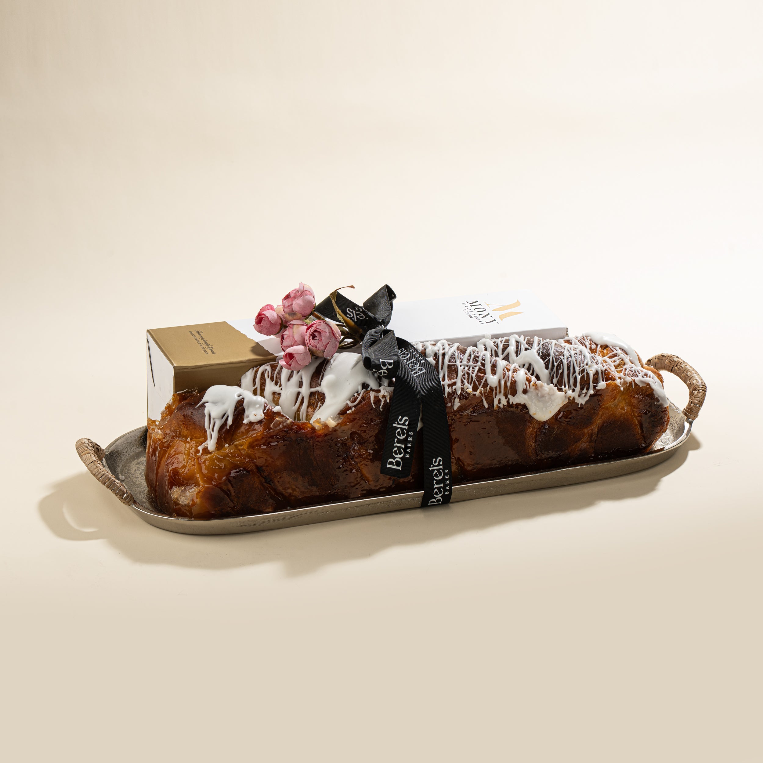 Zodax Long Silver Tray With Long Vanilla Babka and Wine