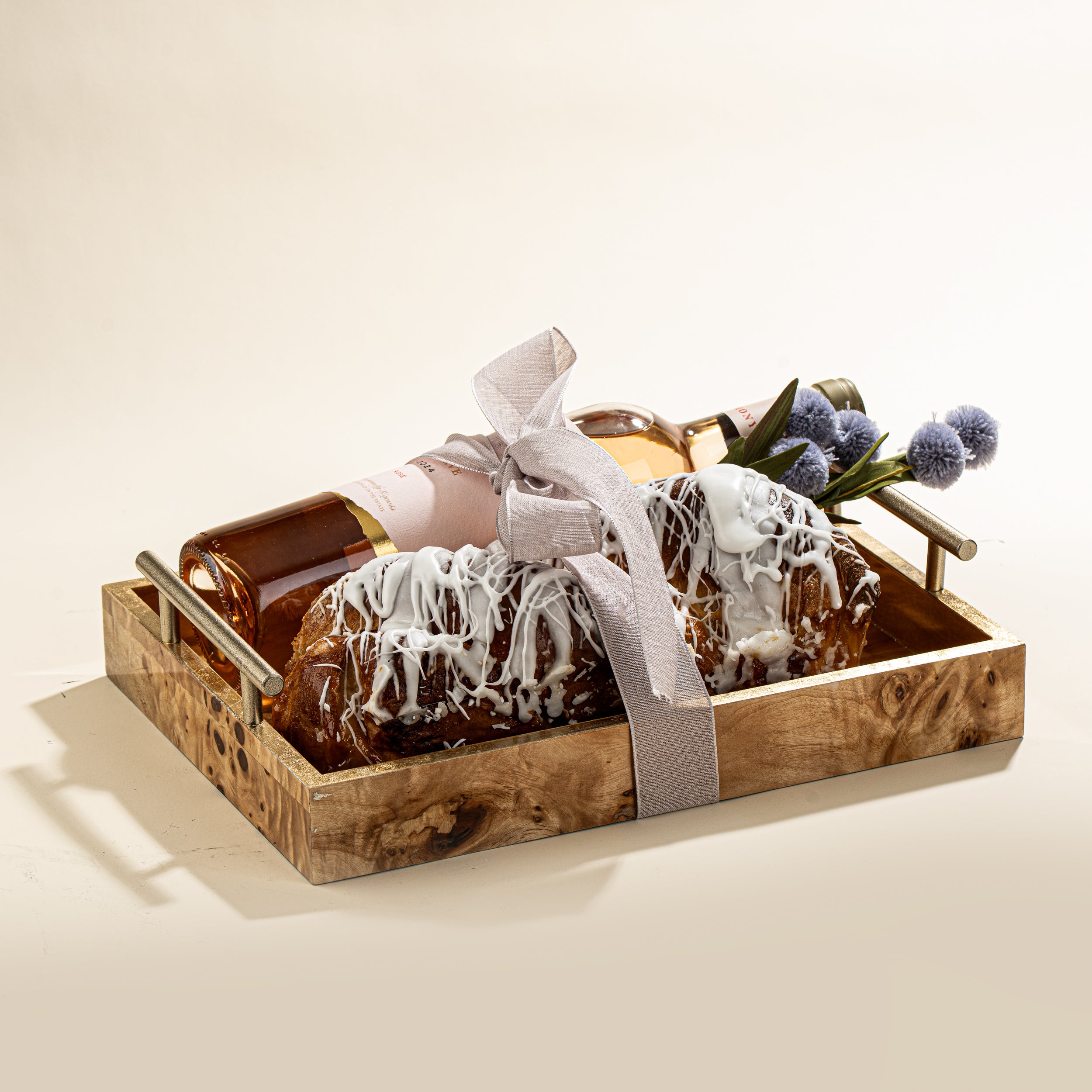Zodax Wood Tray with Babka and Wine