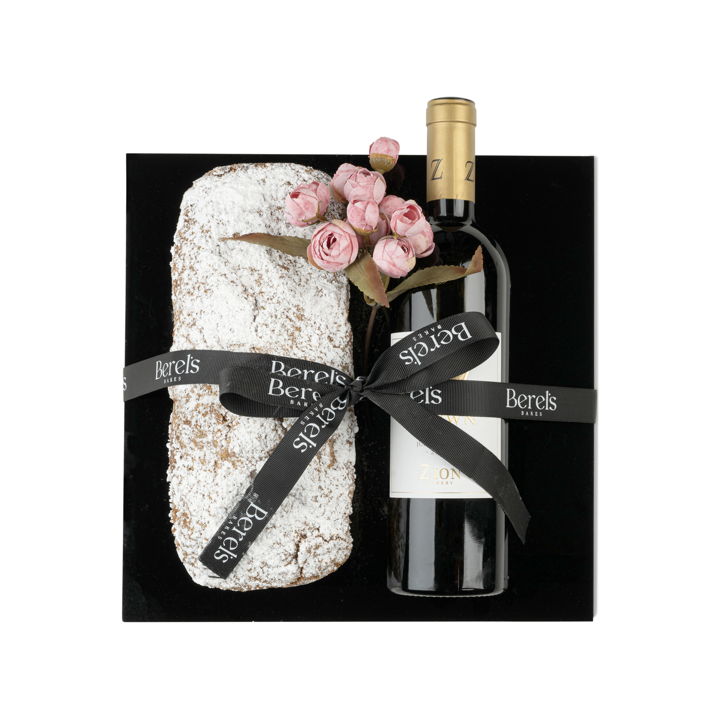 Elegant Black Tray Gift: Crumb Loaf & Wine