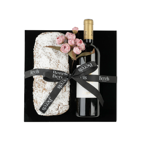 Elegant Black Tray Gift: Crumb Loaf & Wine
