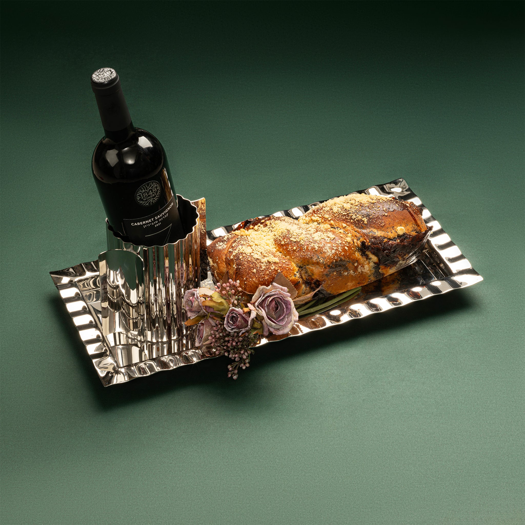 Silver Tray and Wash Cup, with Chocolate Babka and Fine Wine