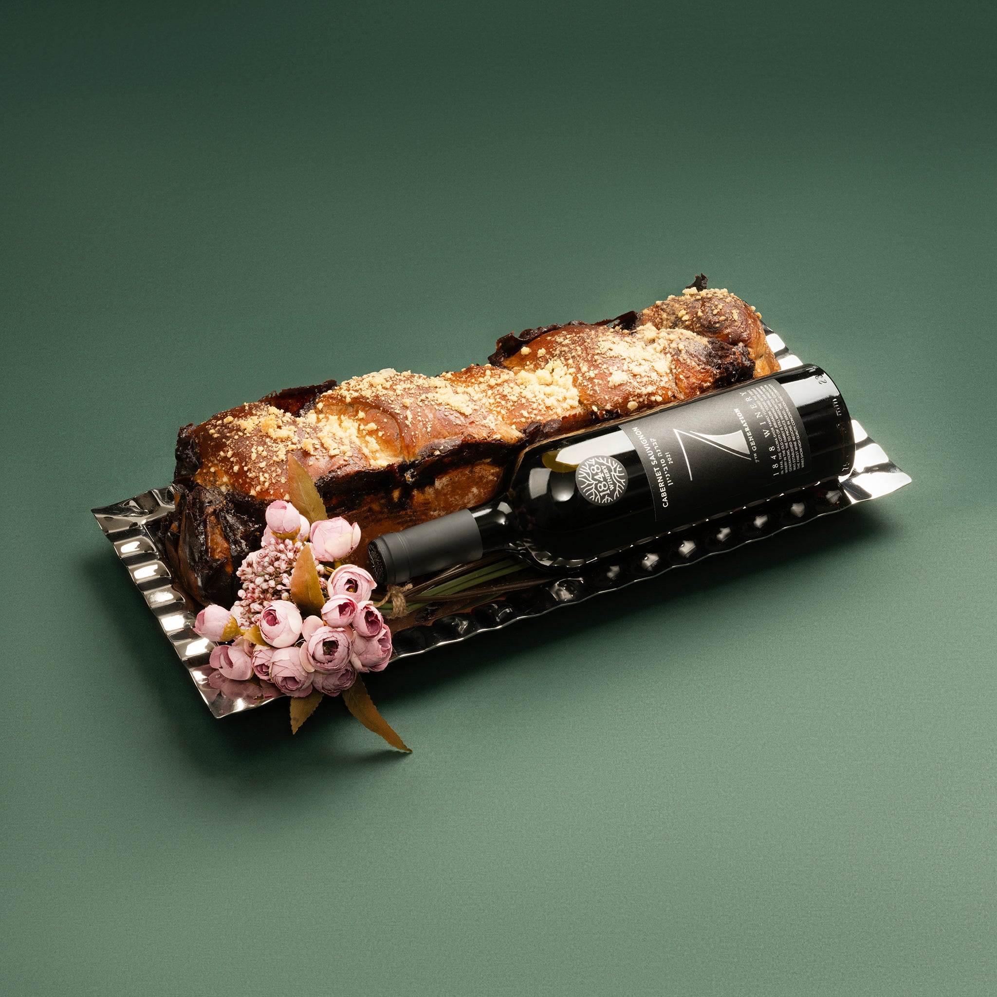 Silver Tray with Long Chocolate Babka and Fine Wine