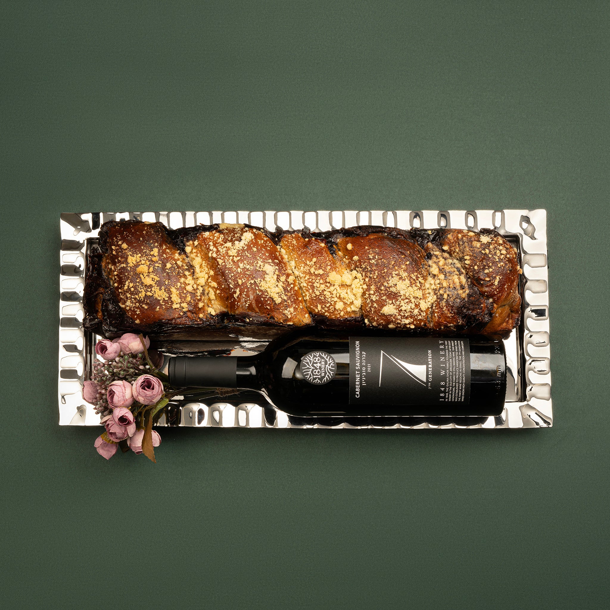 Silver Tray with Long Chocolate Babka and Fine Wine