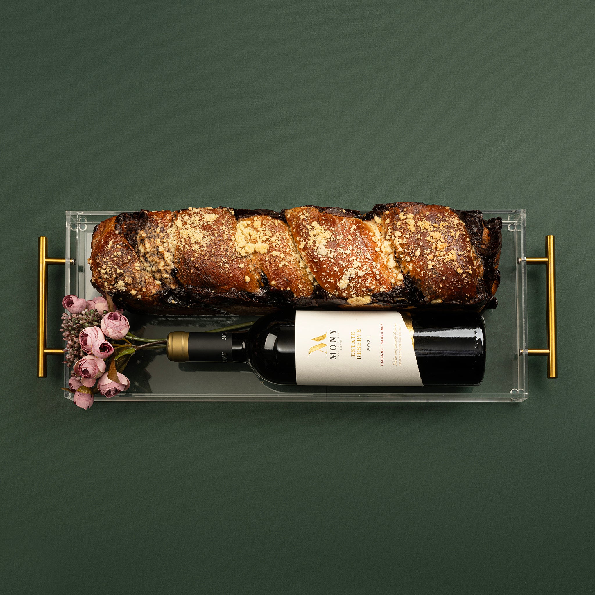 The Modern Elegance: Long Acrylic Dome with Babka & Wine Gift (with cover)