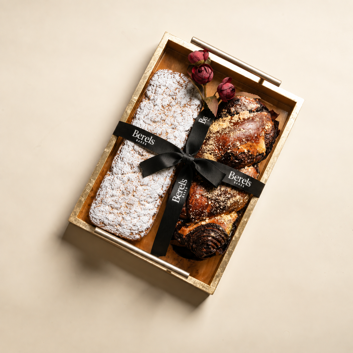 Zodax Wood Tray and Handles with Babka and Breakfast Crumb Loaf