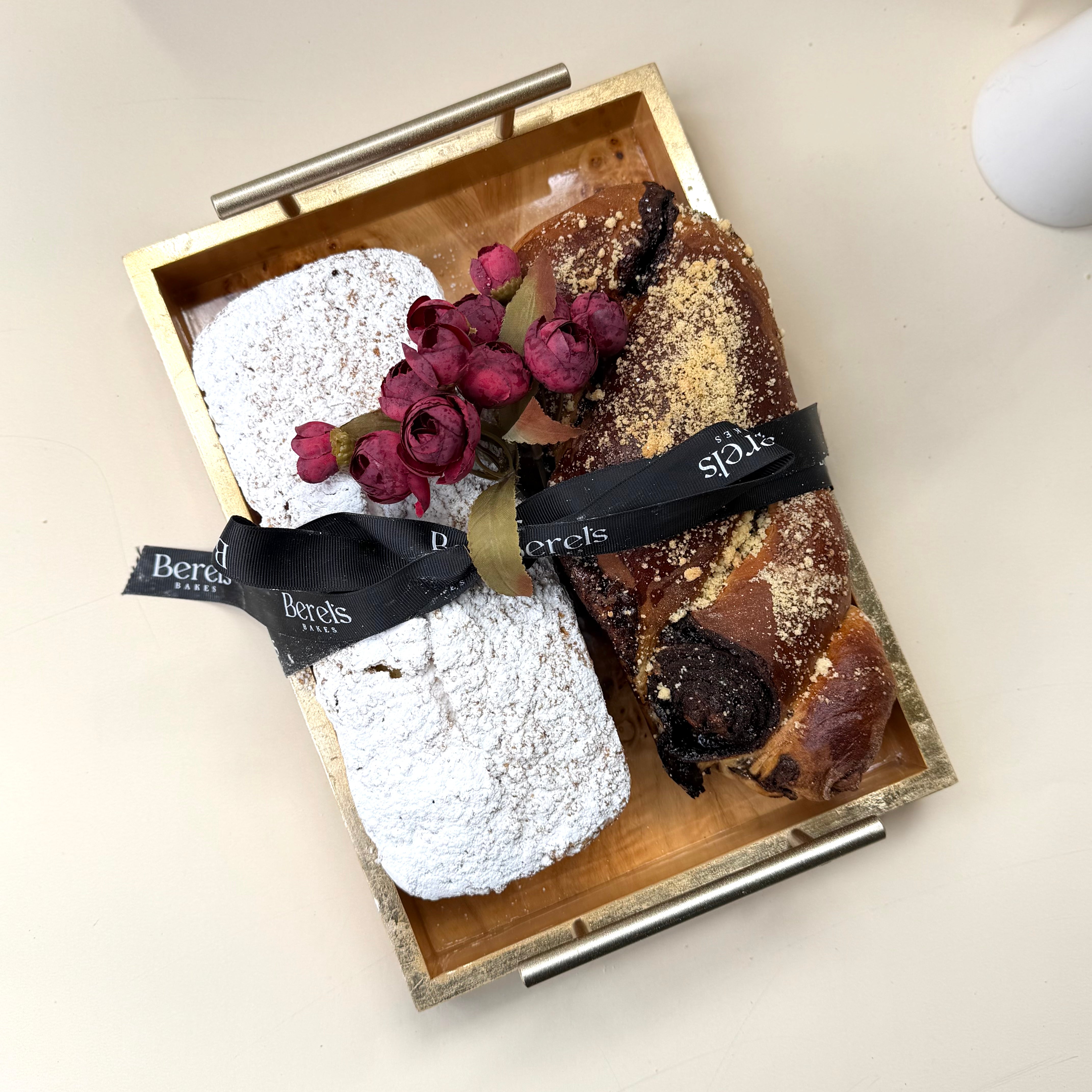 Zodax Wood Tray and Handles with Babka and Breakfast Crumb Loaf